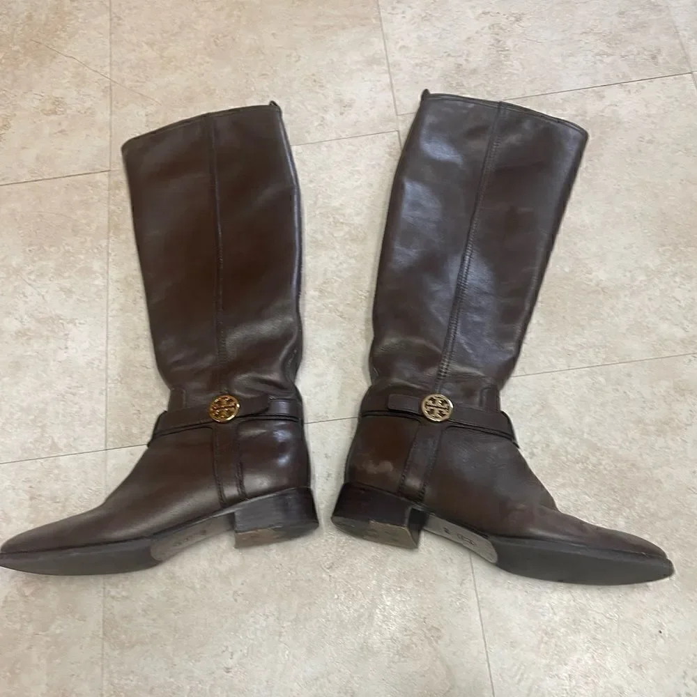 Tory Burch- Brown Bristol Leather Riding Boot with Gold Hardware, Sz 6.5